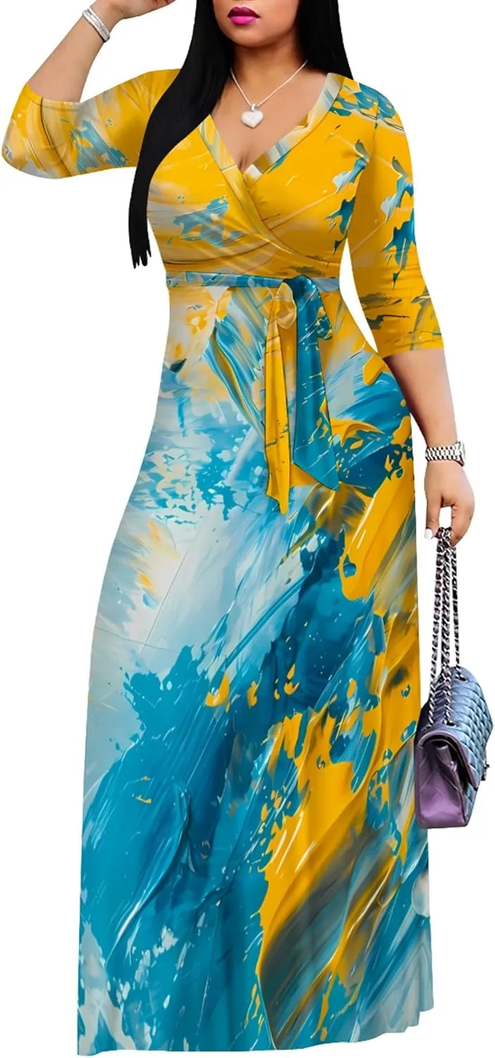 Women's Print Maxi Dresses 3/4 Sleeves Flowy Long Dress V Neck Wrap Tie Waist Sundress