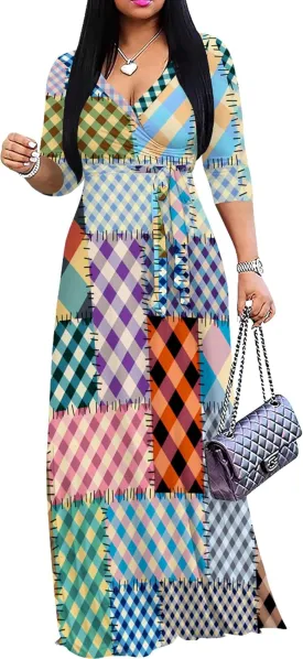 Women's Print Maxi Dresses 3/4 Sleeves Flowy Long Dress V Neck Wrap Tie Waist Sundress