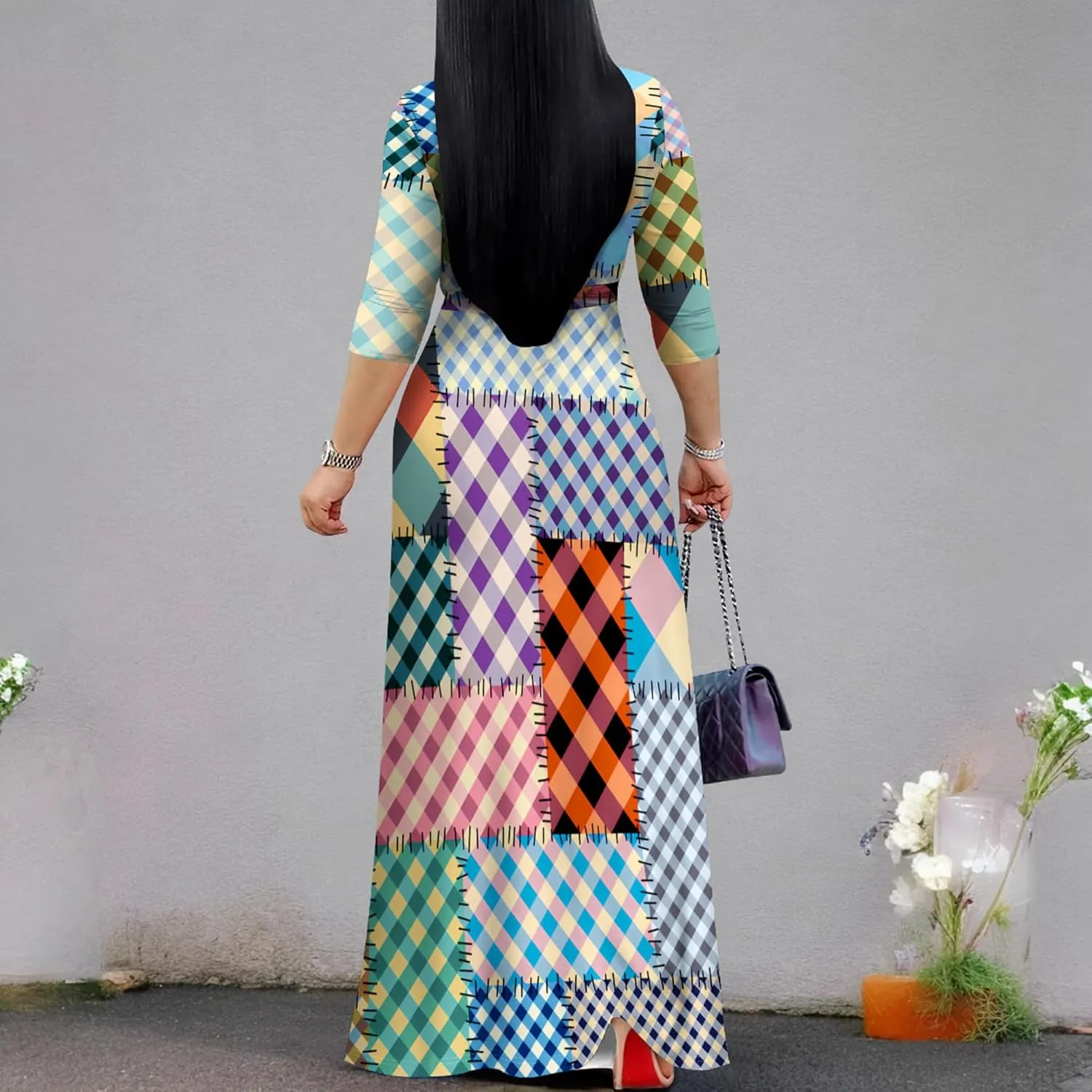 Women's Print Maxi Dresses 3/4 Sleeves Flowy Long Dress V Neck Wrap Tie Waist Sundress