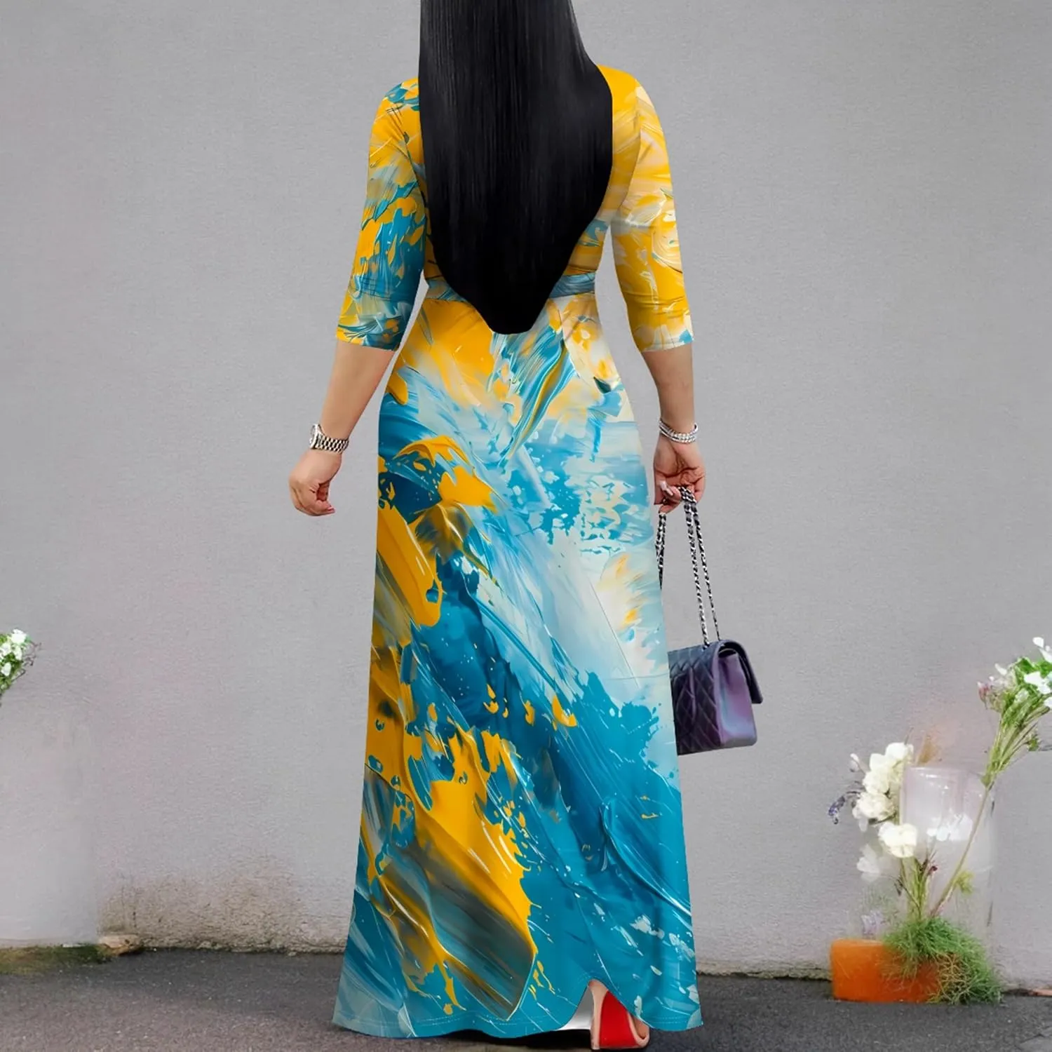 Women's Print Maxi Dresses 3/4 Sleeves Flowy Long Dress V Neck Wrap Tie Waist Sundress