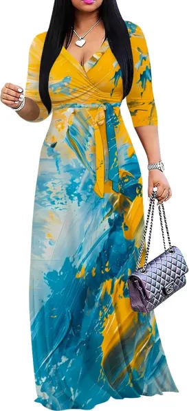 Women's Print Maxi Dresses 3/4 Sleeves Flowy Long Dress V Neck Wrap Tie Waist Sundress