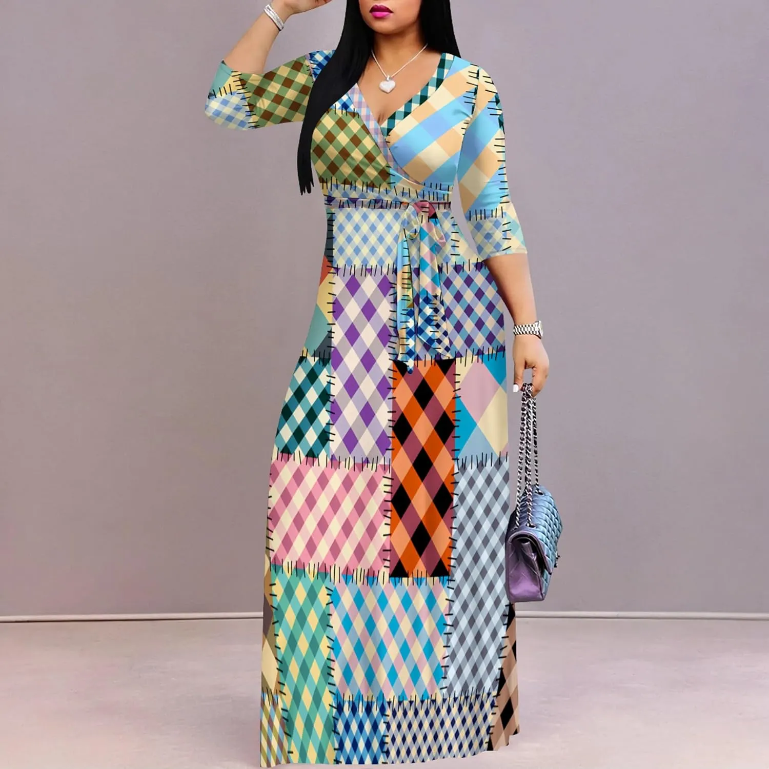 Women's Print Maxi Dresses 3/4 Sleeves Flowy Long Dress V Neck Wrap Tie Waist Sundress