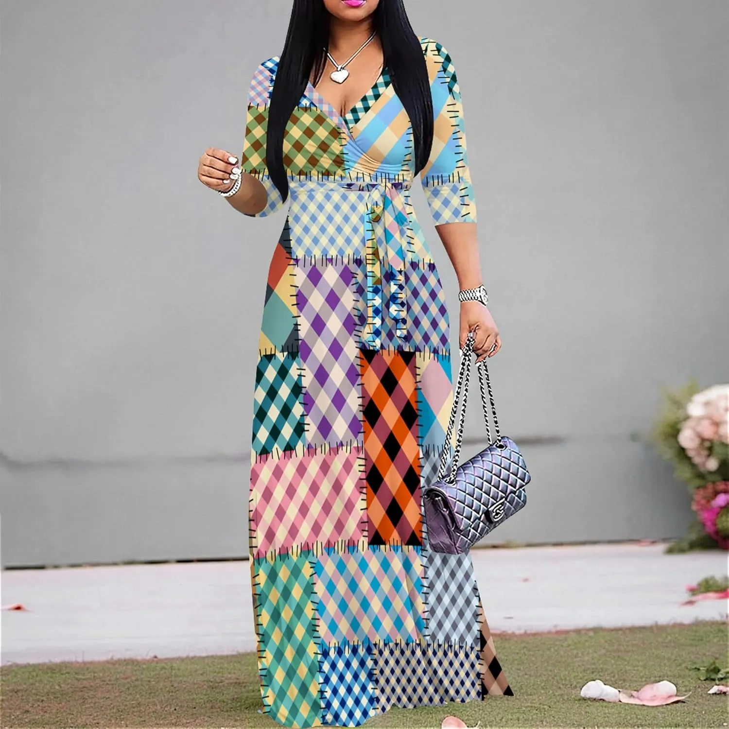 Women's Print Maxi Dresses 3/4 Sleeves Flowy Long Dress V Neck Wrap Tie Waist Sundress