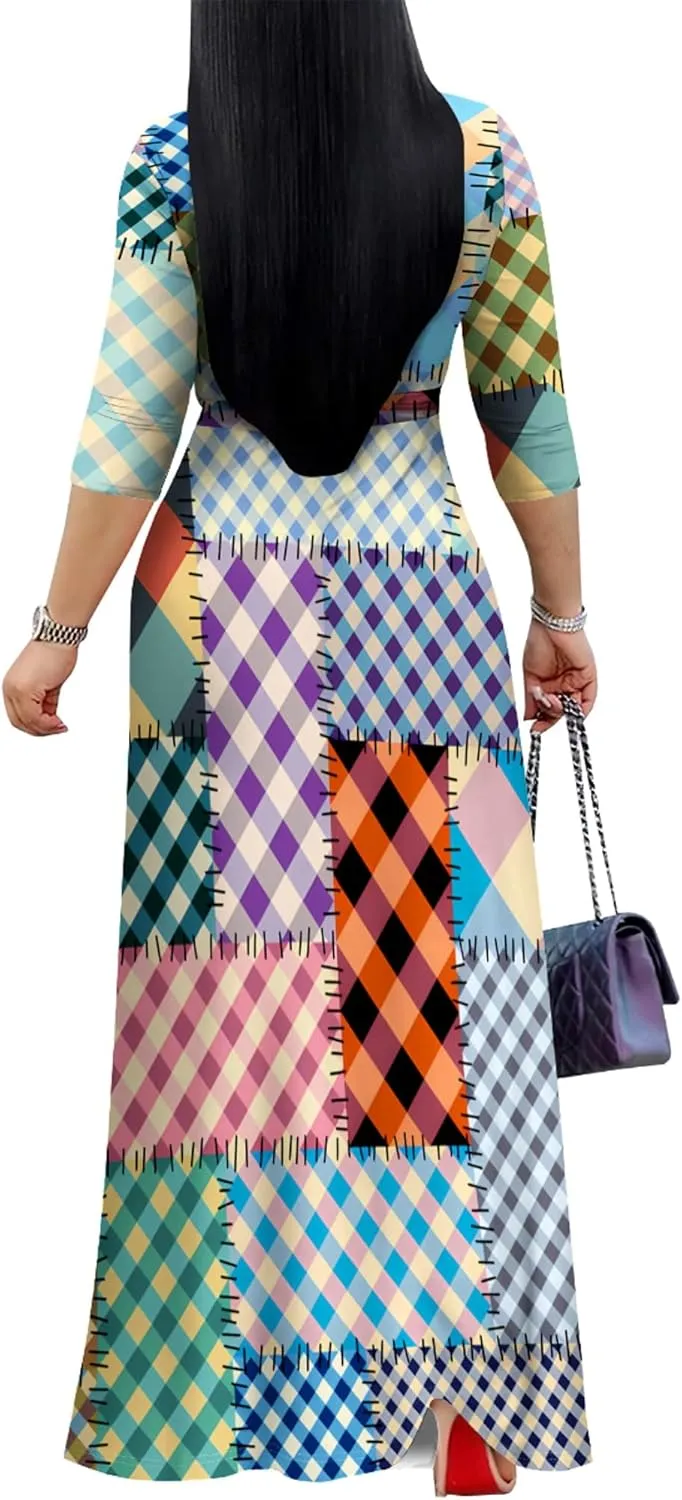 Women's Print Maxi Dresses 3/4 Sleeves Flowy Long Dress V Neck Wrap Tie Waist Sundress