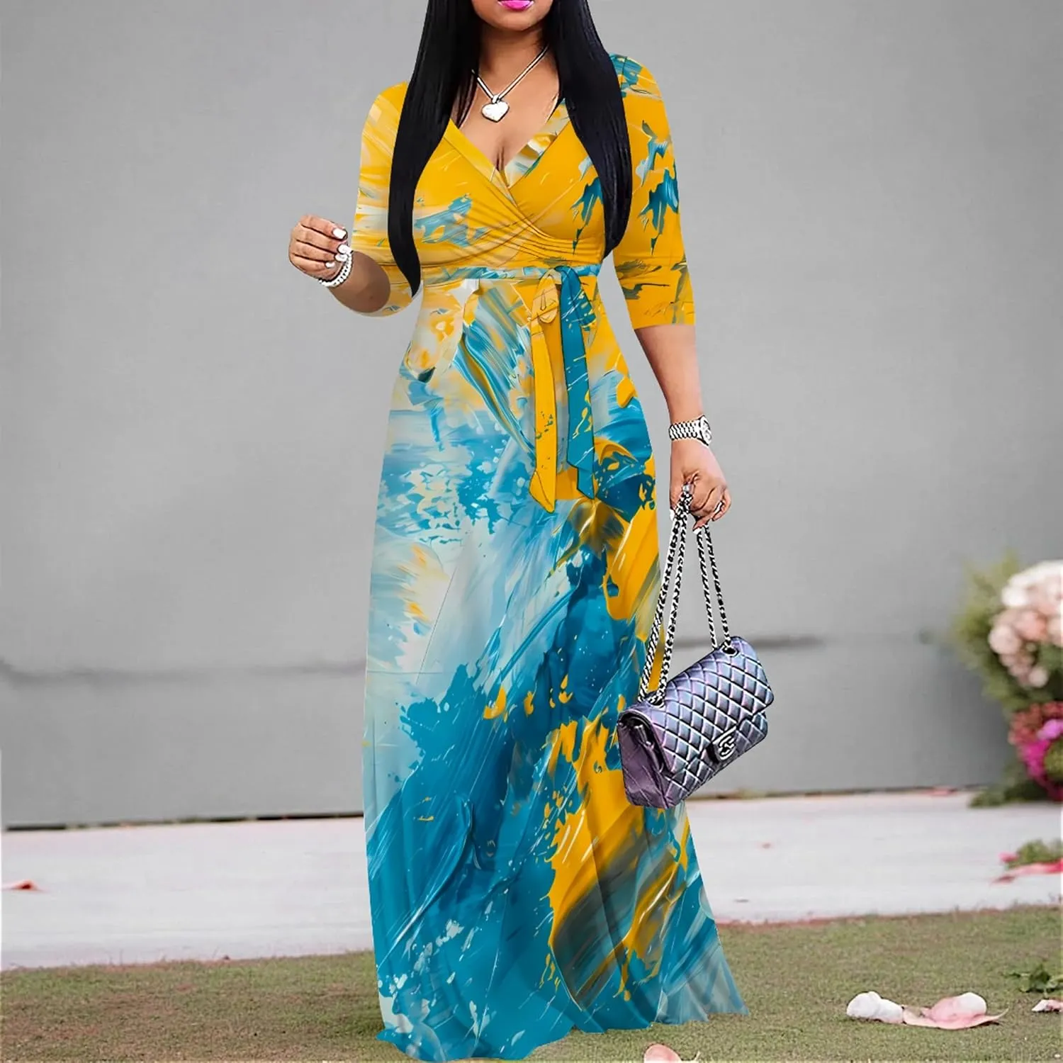 Women's Print Maxi Dresses 3/4 Sleeves Flowy Long Dress V Neck Wrap Tie Waist Sundress