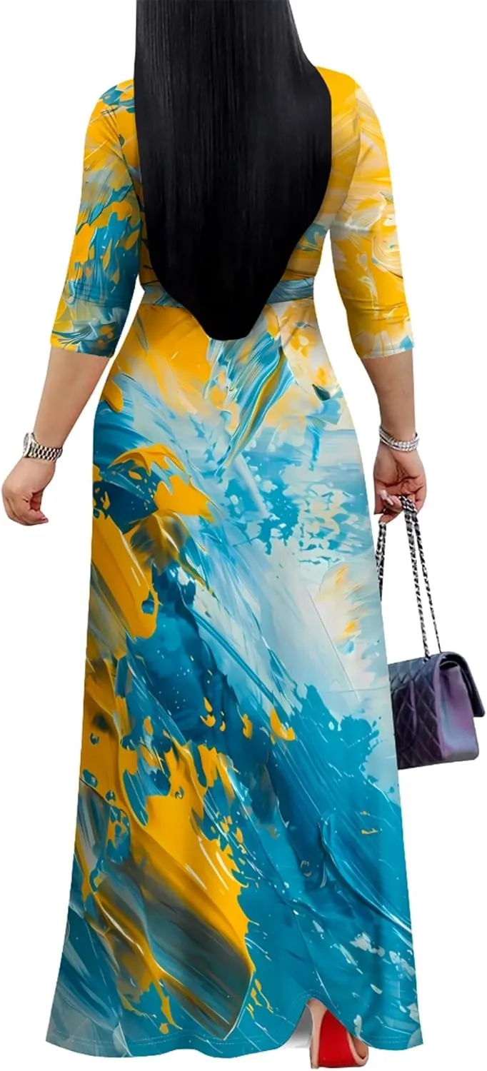 Women's Print Maxi Dresses 3/4 Sleeves Flowy Long Dress V Neck Wrap Tie Waist Sundress