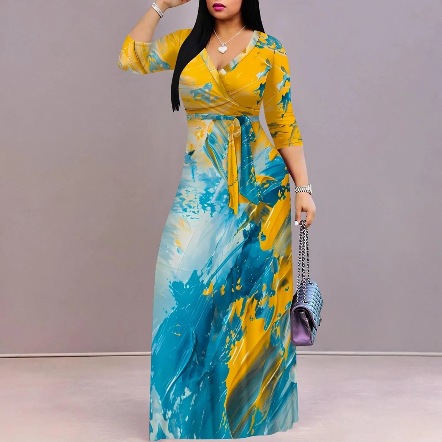 Women's Print Maxi Dresses 3/4 Sleeves Flowy Long Dress V Neck Wrap Tie Waist Sundress