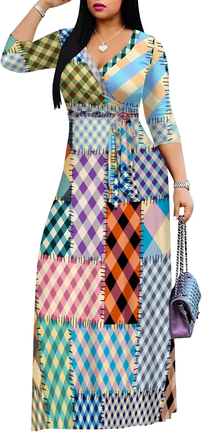 Women's Print Maxi Dresses 3/4 Sleeves Flowy Long Dress V Neck Wrap Tie Waist Sundress