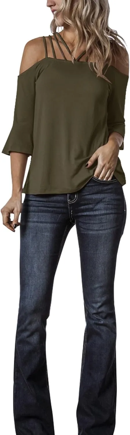 Womens Spaghetti Straps Cold Shoulder Shirts Casual Half Sleeve Tops
