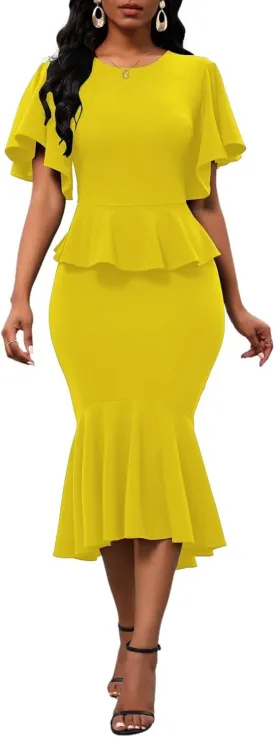 Womens Summer Ruffle Short Sleeve Fishtail Dress Evening Cocktail Formal Peplum Midi Mermaid Dresses Elegant