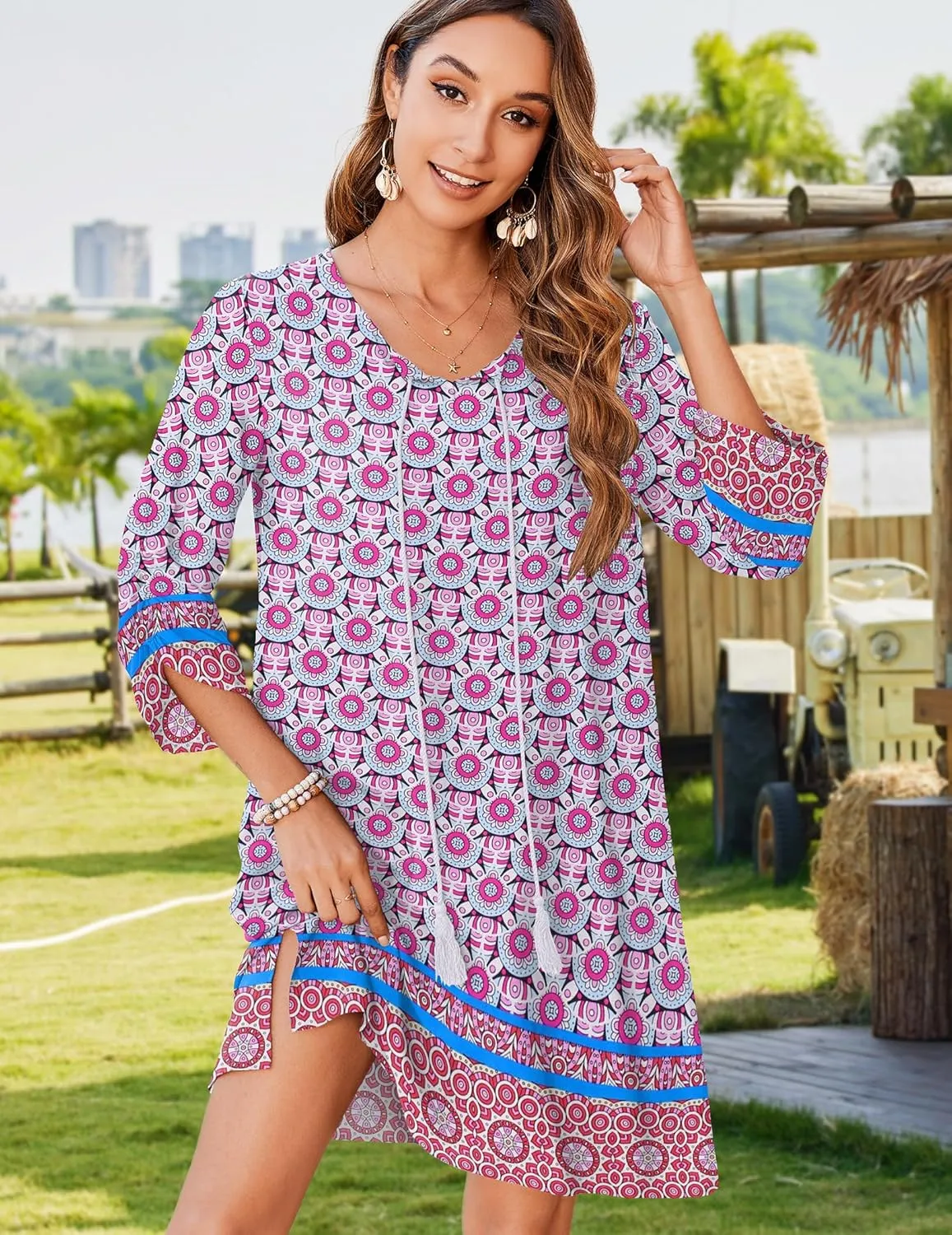 Zeagoo Womens Boho Dresses Casual Beach Summer Dress Tassel Tie Neck 3/4 Long Sleeve Mini Sundress 2025 Floral Print Cover Up