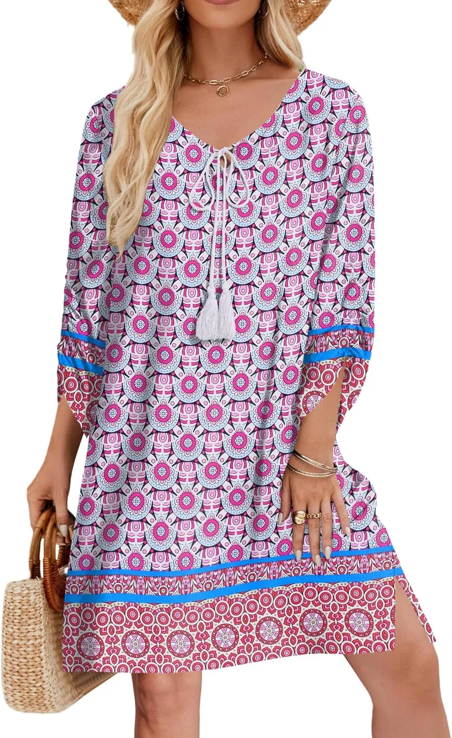 Zeagoo Womens Boho Dresses Casual Beach Summer Dress Tassel Tie Neck 3/4 Long Sleeve Mini Sundress 2025 Floral Print Cover Up