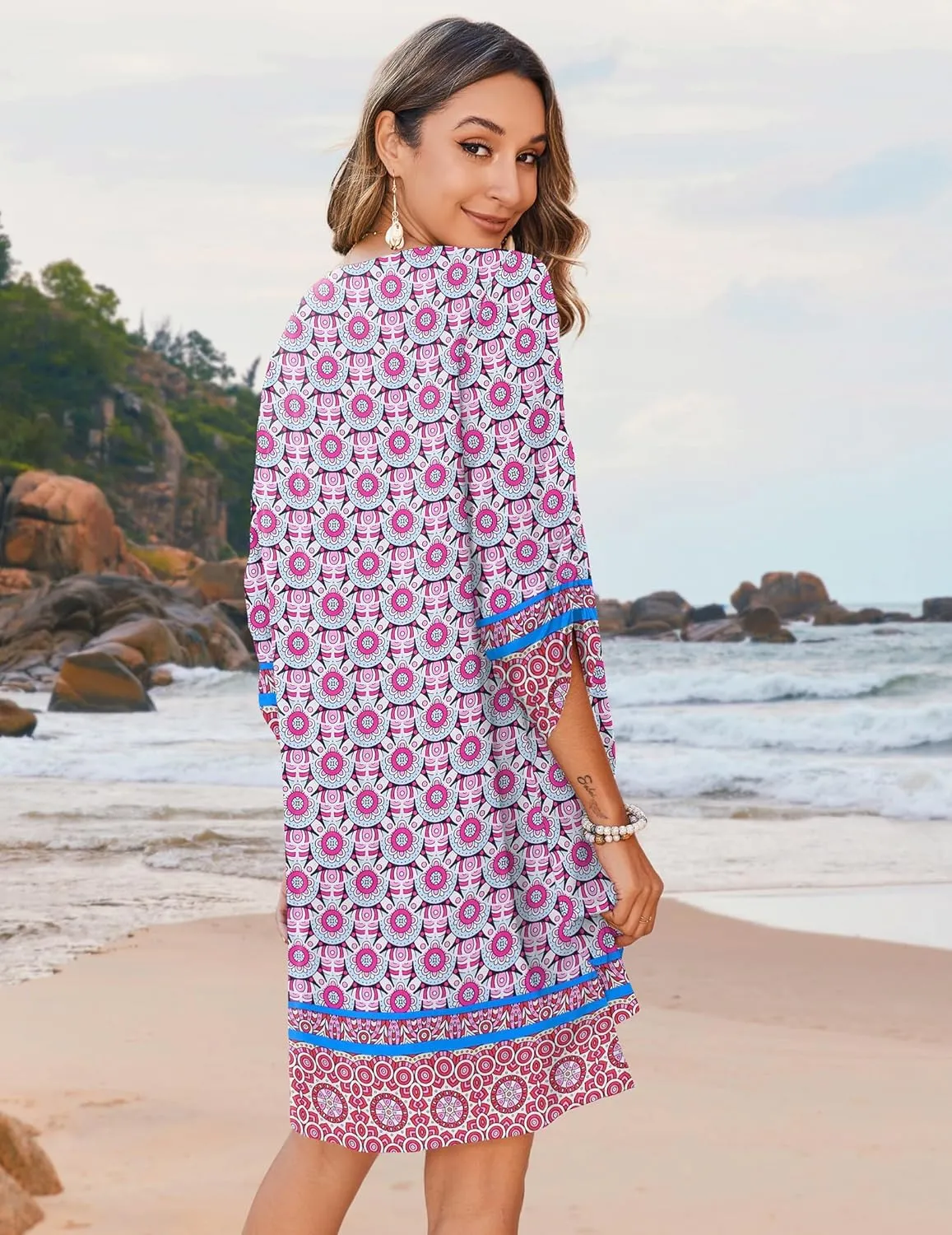 Zeagoo Womens Boho Dresses Casual Beach Summer Dress Tassel Tie Neck 3/4 Long Sleeve Mini Sundress 2025 Floral Print Cover Up