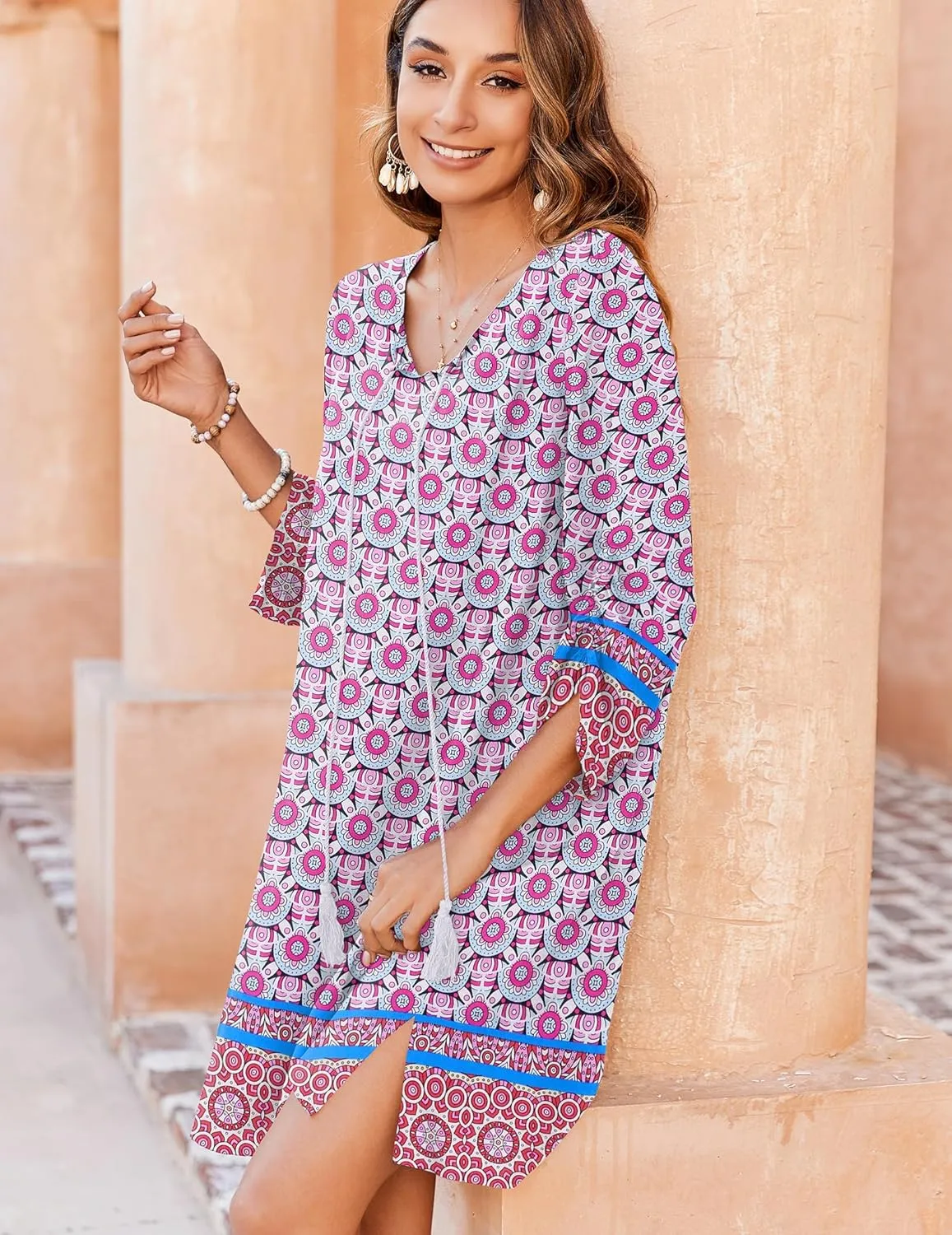 Zeagoo Womens Boho Dresses Casual Beach Summer Dress Tassel Tie Neck 3/4 Long Sleeve Mini Sundress 2025 Floral Print Cover Up