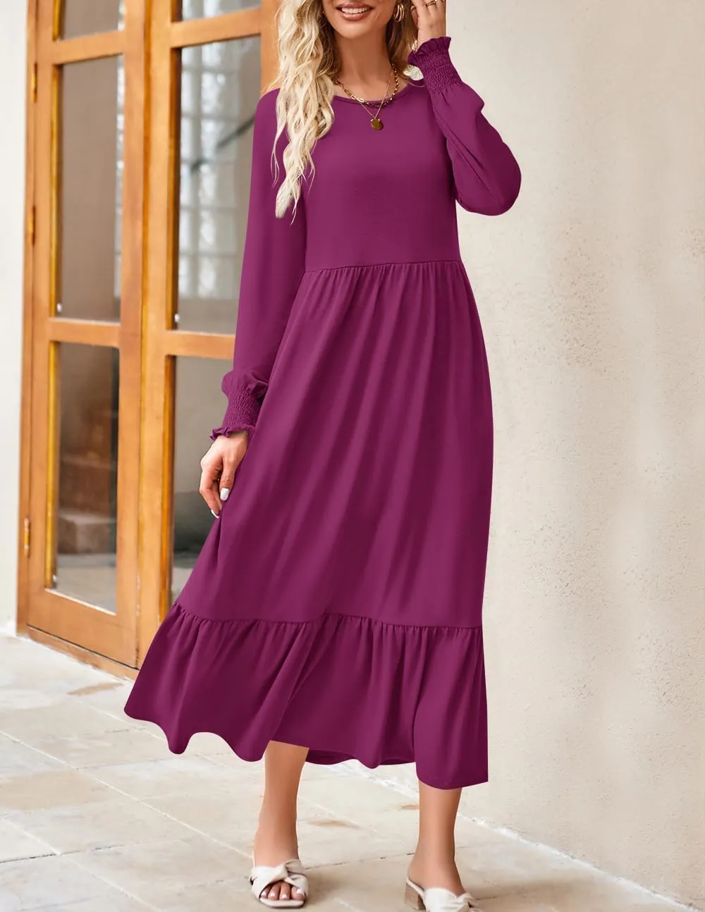 ZESICA Women's Spring Long Sleeve Dress 2025 Crewneck Casual Loose Pleated Tiered Swing Midi Dresses with Pockets