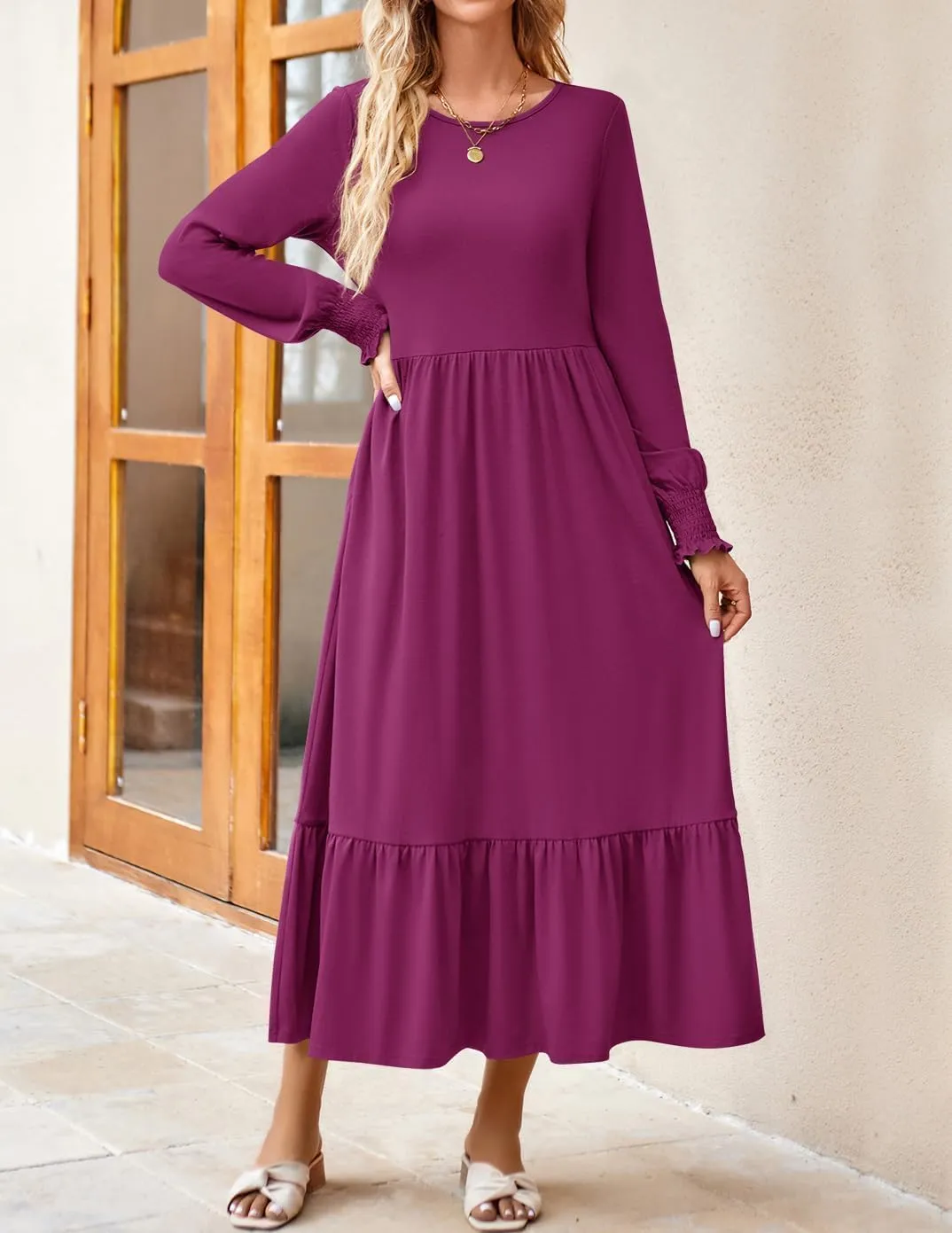 ZESICA Women's Spring Long Sleeve Dress 2025 Crewneck Casual Loose Pleated Tiered Swing Midi Dresses with Pockets