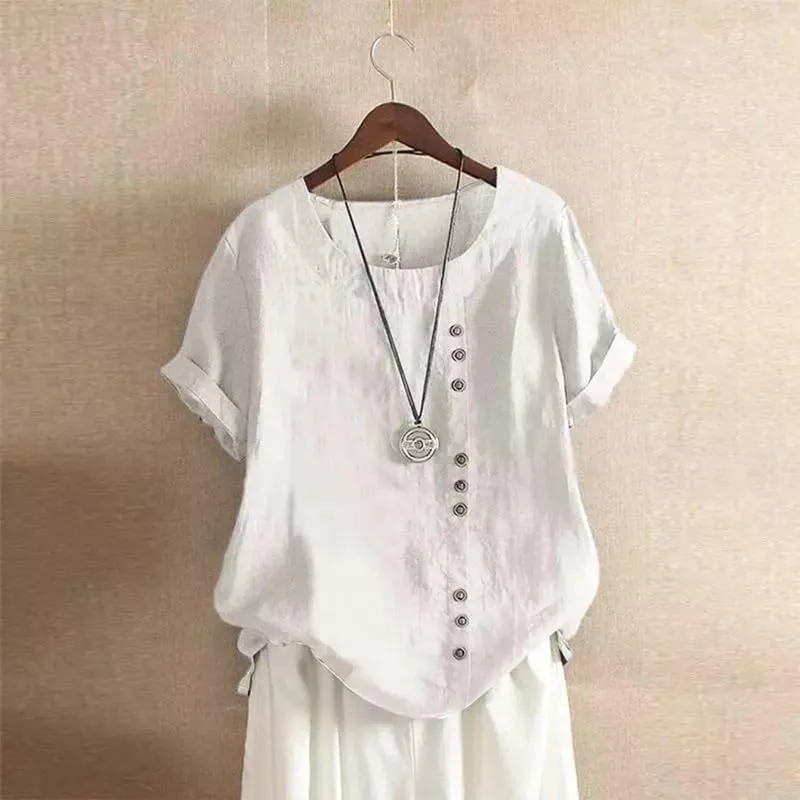 ZOCAVIA Women's Cotton Linen Shirts Summer Casual Boho Floral Short Sleeve Buttons Blouse Oversized Loose Ladies Tunic Tops