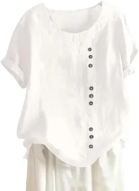 ZOCAVIA Women's Cotton Linen Shirts Summer Casual Boho Floral Short Sleeve Buttons Blouse Oversized Loose Ladies Tunic Tops