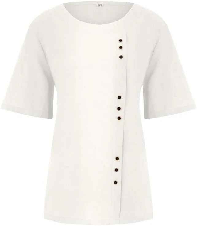 ZOCAVIA Women's Cotton Linen Shirts Summer Casual Boho Floral Short Sleeve Buttons Blouse Oversized Loose Ladies Tunic Tops