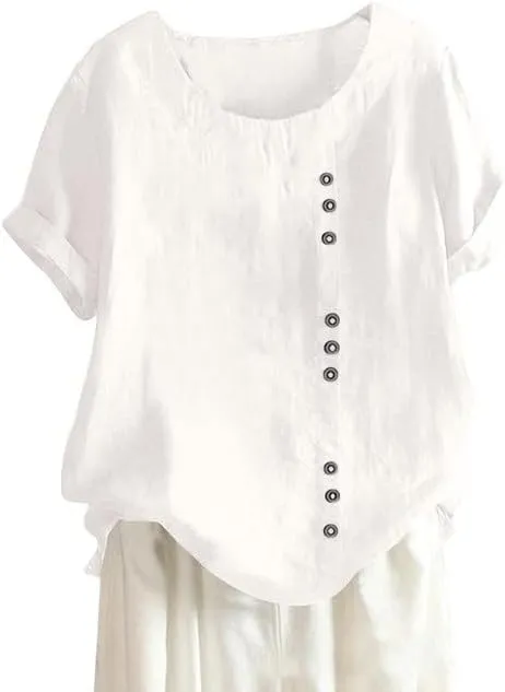 ZOCAVIA Women's Cotton Linen Shirts Summer Casual Boho Floral Short Sleeve Buttons Blouse Oversized Loose Ladies Tunic Tops