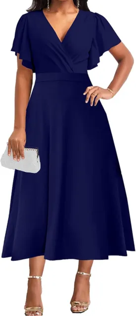 ZonJie Summer Casual Dress for Women V Neck Ruffle Short Sleeve A Line Swing Flared Cocktail Party Midi Dress with Pocket